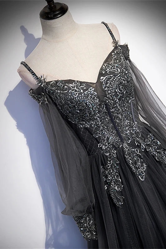 Robe longue de soirée en tulle gris, coupe trapèze, avec appliques, manches longues, maxi, robe de bal